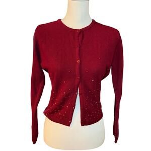 Jamie Scott Burgundy Red Beaded Cardigan Lambswool Blend Sweater Size Small
